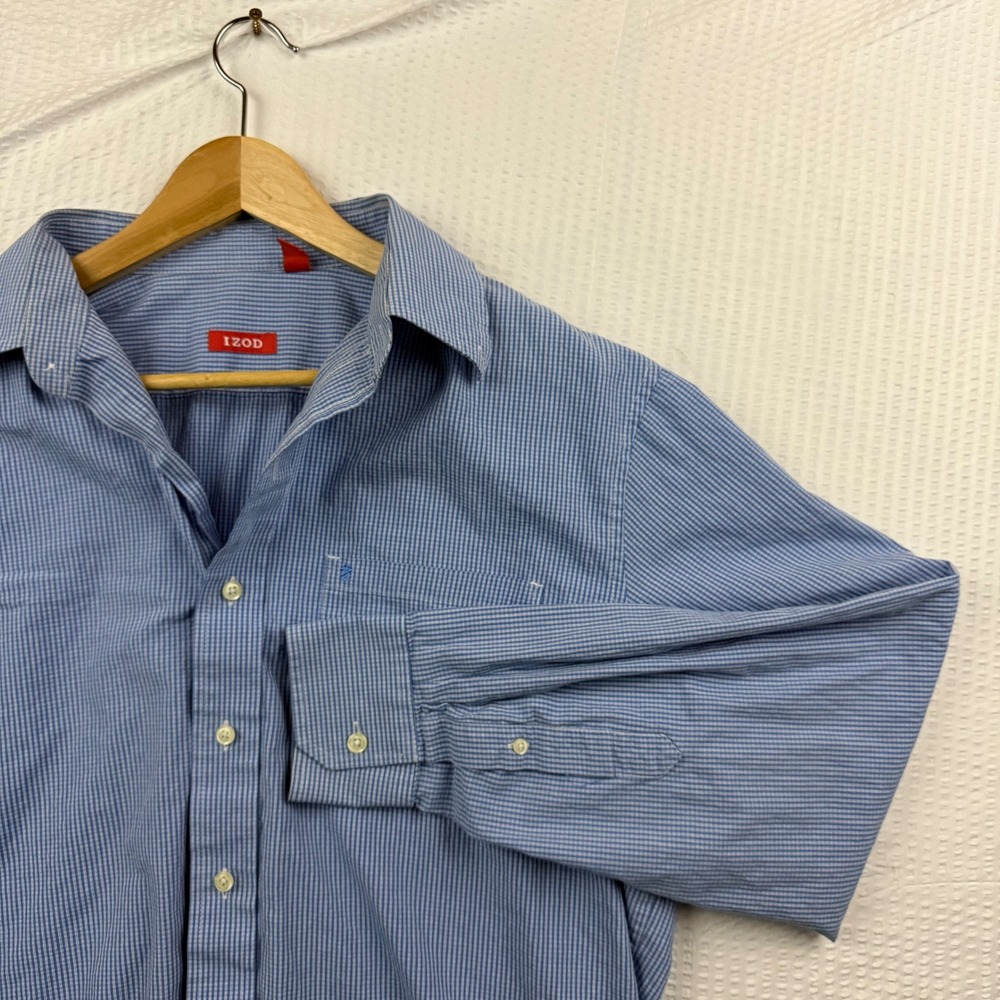 IZOD Mens Blue White Micro Check Button Down Shirt Long Sleeve Cotton Large